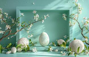 ai generado un huevo con flores decora un cuadrado azul marco foto