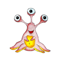 Watercolor illustration of a cute pink alien with three eyes and tentacles instead of arms and legs and a yellow belly. Children's picture of a humanoid. Isolated. Drawn by hand. png