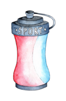 Watercolor illustration of a sports water bottle. A bun with a signature sporty design in pink and blue. A fun and cool drinking container for a sporty look. Isolated. Drawn by hand. png