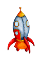 Watercolor illustration of a space rocket flying to the planets. The rocket is blue with a crane tree and blades, an orange bottom and a tip. Children cartoon illustration isolated png