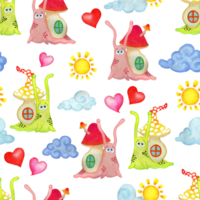 Seamless watercolor pattern of pink and green snails, clouds, sun and hearts. Illustration for kids, scrapbooking, valentine's day, stationery, fabric, clothing and home decor. Isolated png