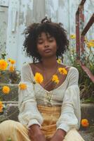 AI generated a person sitting on some steps with some flowers photo