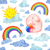 waterverf naadloos patroon roze olifant met bal, wolken, regenboog. een eindeloos herhalen patroon. Vrolijk, blij, geschenk. ontwerp voor textiel, kleding stof, wikkel, afdrukken. tekenfilm achtergrond. geïsoleerd png