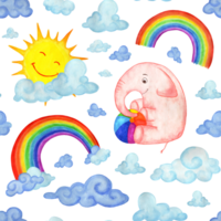 aquarelle sans couture modèle rose l'éléphant avec balle, des nuages, arc-en-ciel. un sans cesse répéter modèle. content, content, cadeau. conception pour textile, tissu, emballage, imprimer. dessin animé Contexte. isolé png