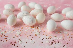 AI generated easter decor consisting of white eggs and confetti on a pink background easter decor photo