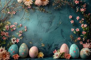 AI generated a picture frame with colorful easter eggs and flowers on a dark background photo