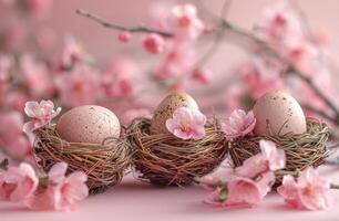 ai generado cuatro vacío mimbre cestas con huevos y rosado flores en rosado antecedentes foto