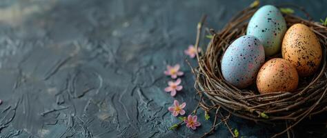ai generado vistoso Pascua de Resurrección huevos en un nido foto