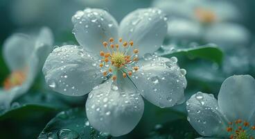 ai generado blanco flores con gotas de agua son mostrado foto