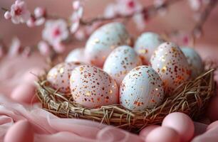 ai generado cesta con pintado Pascua de Resurrección huevos en rosado antecedentes foto