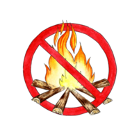 Watercolor illustration of a campfire in a prohibitive red circle. High fire danger mode. Lighting a fire is prohibited. Isolated. Composition for design, banner, web, poster. png