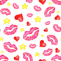 Watercolor seamless pattern background of prints of lips, hearts and stars. Lips prints wrapping paper. World Kiss Day, Valentine's Day. Isolated png