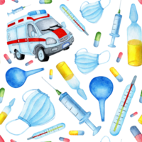 Seamless watercolor medical repeating pattern. A set of medical machine, syringe, pills, vaccine, enema, thermometer and face mask. Isolated. Drawn by hand. png