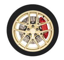 Golden shiny car wheel with brake caliper brake disc and tire png