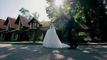 Boda Pareja caminando, un novia y novio sostener manos mientras caminando en un camino, con luz de sol filtración mediante arboles video