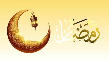 ai generado hermosa dorado creciente con linterna colgando en el centrar con dorado brillante de Ramadán en Arábica caligrafía en dorado antecedentes video