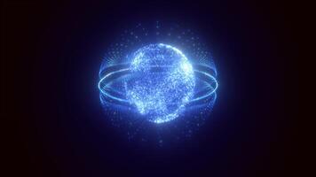 bleu énergie la magie cercle sphère Balle de futuriste vagues et lignes de particules de atome énergie et électricité. abstrait Contexte. vidéo dans haute qualité 4k, mouvement conception video