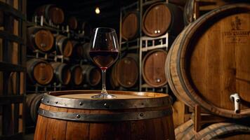 AI generated Glass of red wine on background of wooden oak barrels in cellar of winery video