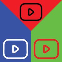 Youtube vector icono, contorno estilo, aislado en rojo, verde y azul antecedentes.