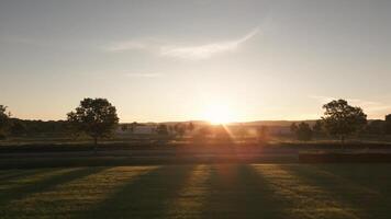 side view of a road in green field at sunset video