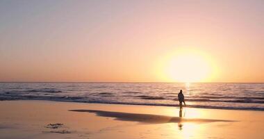 uma homem caminhando em a de praia às pôr do sol video