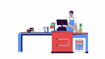 Arab male cashier supermarket checkout line 2D character animation. Sales occupation flat color cartoon 4K video, alpha channel. Terminal grocery store merchant animated person on white background video