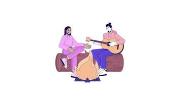 fuoco di bivacco giocando chitarra amici linea personaggi animazione video