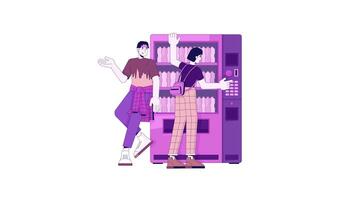 jovem casal inclinado em vending máquina linha personagens animação video