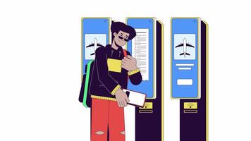 Hispanic guy paying for ticket with NFC technology line 2D character animation. Contactless payment flat color cartoon 4K video, alpha channel. Latino student animated person on white background video