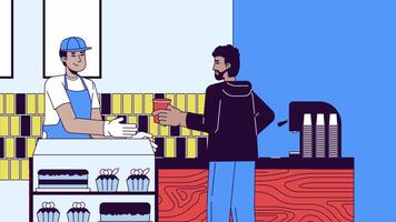 klant ontvangen koffie van barista lijn tekenfilm animatie. cafetaria koffie winkel 4k video beweging grafisch. Indisch Mens, Afrikaanse Amerikaans vent 2d lineair geanimeerd tekens Aan interieur achtergrond