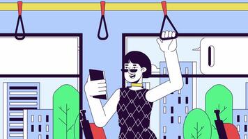 Korean woman with phone holding bus hanger line cartoon animation. Public transport commuter 4K video motion graphic. Stylish asian female passenger 2D linear animated character on interior background