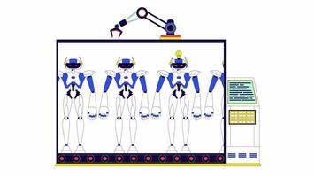 cyborg fabricación planta línea 2d objeto animación. robots en automatizado transportador plano color dibujos animados 4k video, alfa canal. artificial inteligencia en industria animado máquina en blanco antecedentes video