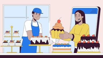 Konditor Verkauf Kuchen über Handy, Mobiltelefon App Linie 2d Animation. weiblich Kunden Kauf Nachspeisen online 4k Video Bewegung Grafik. Bäckerei linear animiert Karikatur eben Konzept auf Geschäft Innere Hintergrund