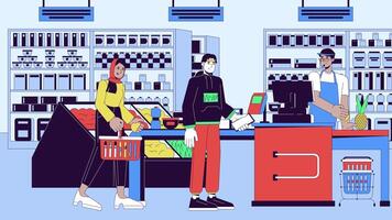 Wireless paying at grocery line cartoon animation. Checkout line terminal 4K video motion graphic. NFC phone customer cashier supermarket diverse 2D linear animated characters on interior background