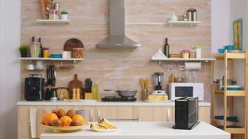 Bread toaster in kitchen with nobody in it. Modern kitchen coffee machine. Modern cozy interior with technology and furniture, decoration and architercture, comfortable room video
