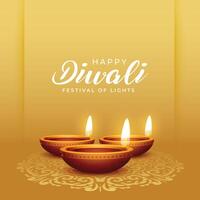 elegant happy diwali greeting card with oil lamp on rangoli design vector