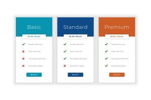 price table comparison template with basic to premium option vector