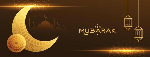 muslim eid mubarak festival banner with golden moon and light effect vector