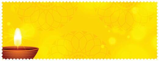contento diwali amarillo bandera con texto espacio y diya diseño vector