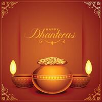 contento Dhanteras festival tarjeta con dorado moneda maceta y petróleo diya vector