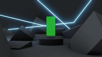 smartphone groen scherm mockup animatie in futuristische donker kamer en neon licht , 3d renderen video