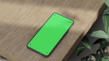 Smartphone green screen mockup animation on wood table, 3d rendering video