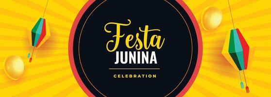 festa junina celebration yellow banner with balloons and lamps vector