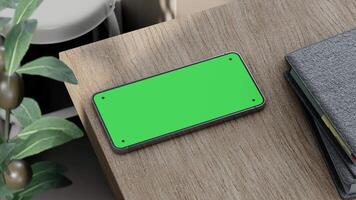 Smartphone green screen mockup animation on wood table, 3d rendering video