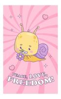 Funny groovy snail character. Comic kawaii insect with flower in trendy retro style. vector illustration. Cool vertical bright pink poster with slogan in 70s style .