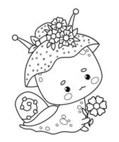 Cute snail girl in hat with flowers. Funny insect kawaii character. Line drawing, coloring book. Kids collection. Vector illustration.