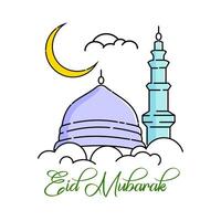 Eid mubarak mosque and minaret vector illustration. Simple and minimalist Islamic greeting vector design.