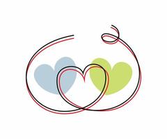 Artistic one continuous line makes two hearts shape with watercolor spot. Two linked heart. Two Love symbol. vector