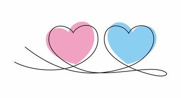 Artistic one continuous line makes two hearts shape with watercolor spot. Two linked heart. Two Love symbol. vector