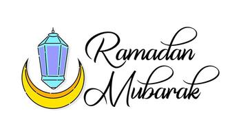 árabe linterna y creciente con texto Ramadán mubarak. islámico saludo diseño elemento para bandera, tarjeta, póster, cubrir, y muchos más. vector